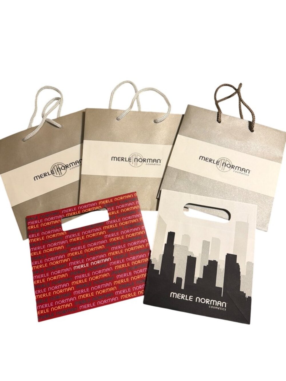Lot of 5 Merle Norman Branded Shopping Gift Bags Various Sizes Colors Cityscape